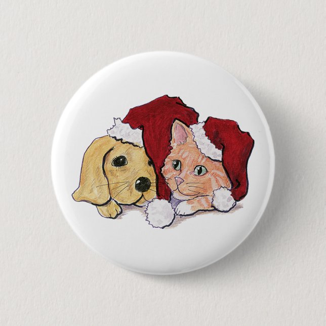 Cute Christmas Labrador Puppy and Orange Tabby Pinback Button (Front)