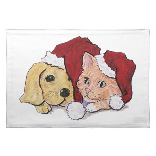 Cute Christmas Labrador Puppy and Orange Tabby Placemat