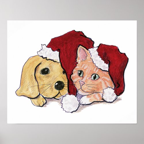 Cute Christmas Labrador Puppy and Orange Tabby Poster