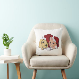 Cute Christmas Labrador Puppy and Orange Tabby Throw Pillow