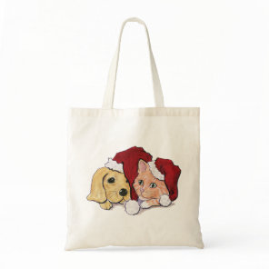 Cute Christmas Labrador Puppy and Orange Tabby Tote Bag