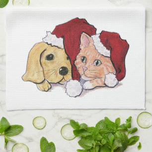 Cute Christmas Labrador Puppy and Orange Tabby Towel