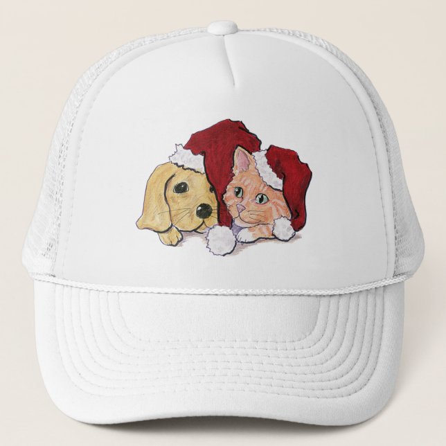 Cute Christmas Labrador Puppy and Orange Tabby Trucker Hat (Front)