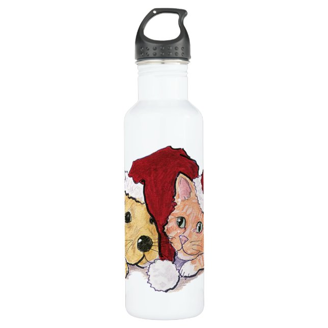 Cute Christmas Labrador Puppy and Orange Tabby Water Bottle (Front)