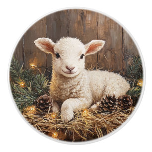 Cute Christmas Lamb Rustic Painting Ceramic Knob