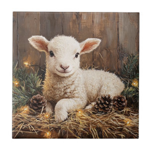 Cute Christmas Lamb Rustic Painting Ceramic Tile