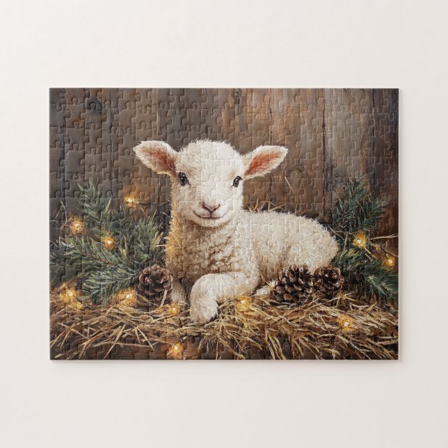 Cute Christmas Lamb Rustic Painting Jigsaw Puzzle (Horizontal)