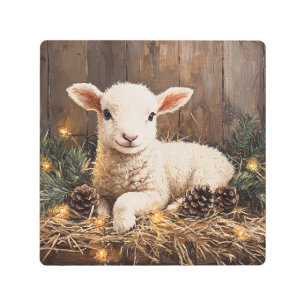 Cute Christmas Lamb Rustic Painting Metal Print