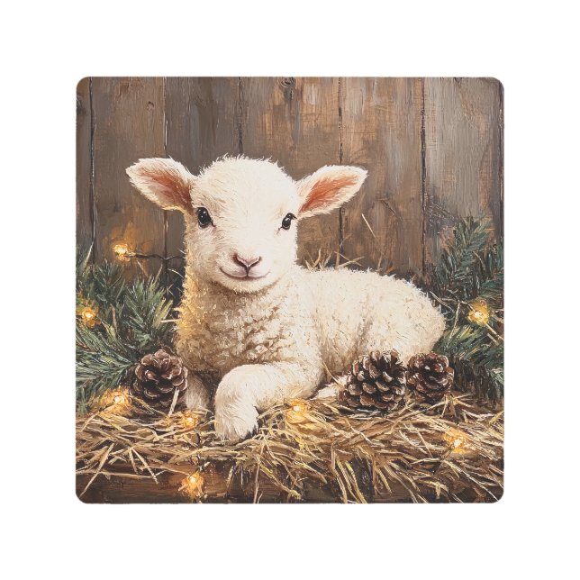 Cute Christmas Lamb Rustic Painting Metal Print (Front)