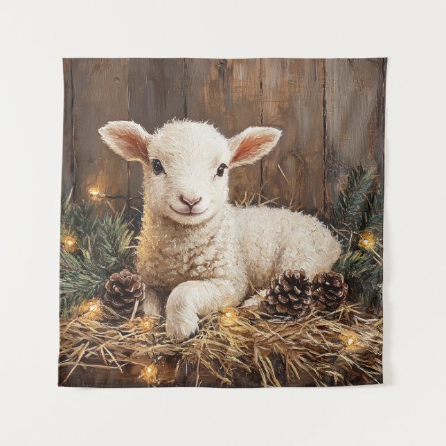 Cute Christmas Lamb Rustic Painting Tapestry (Front)
