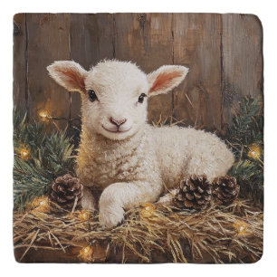 Cute Christmas Lamb Rustic Painting Trivet
