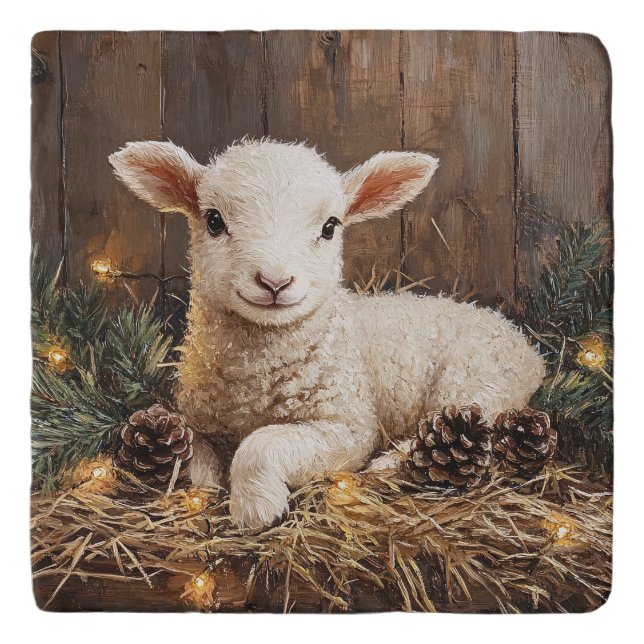 Cute Christmas Lamb Rustic Painting Trivet (Front)