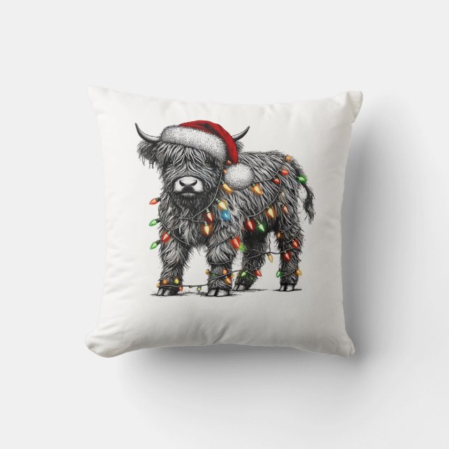 Cute Christmas Light Highland Cattle Funny Cow Xma Throw Pillow (Front)
