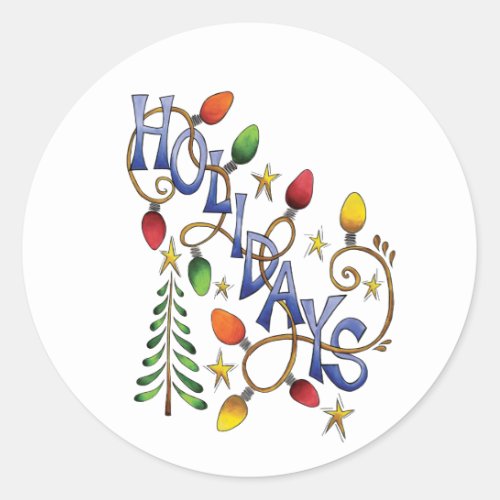 Cute Christmas Lights and Stars with Holiday Text Classic Round Sticker