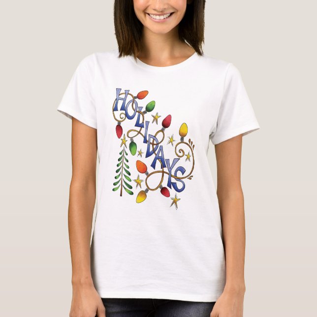 Cute Christmas, Lights and Stars with Holiday Text T-Shirt (Front)