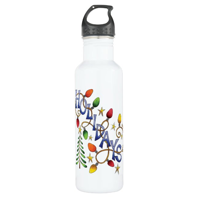 Cute Christmas, Lights and Stars with Holiday Text Water Bottle (Front)