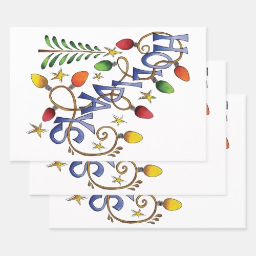 Cute Christmas Lights and Stars with Holiday Text Wrapping Paper Sheets