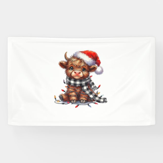 Cute Christmas Lights Highland Cow Funny Christmas Banner (Horizontal)