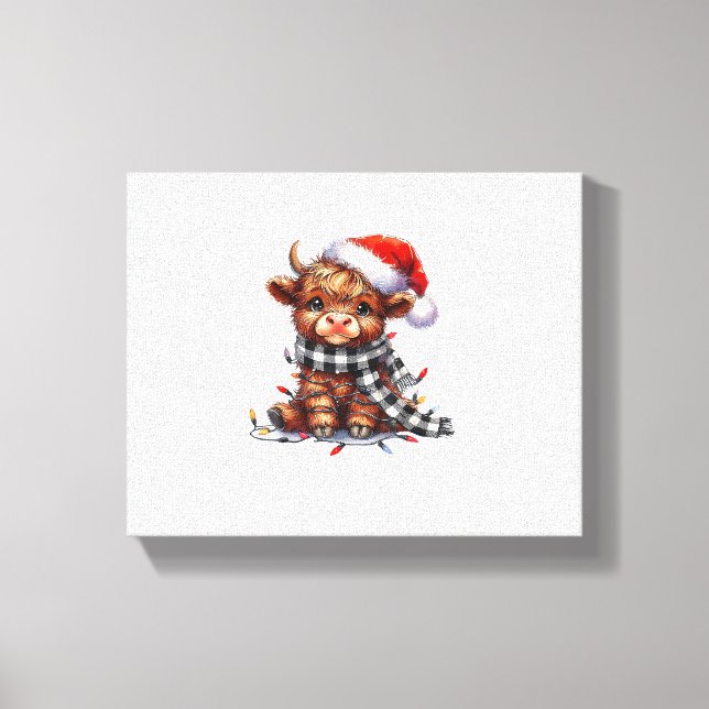 Cute Christmas Lights Highland Cow Funny Christmas Canvas Print (Front)