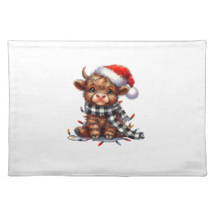 Cute Christmas Lights Highland Cow Funny Christmas Cloth Placemat