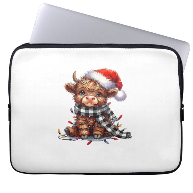 Cute Christmas Lights Highland Cow Funny Christmas Laptop Sleeve (Front)