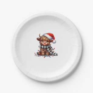 Cute Christmas Lights Highland Cow Funny Christmas Paper Plates