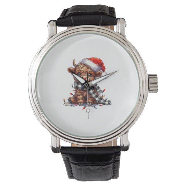 Cute Christmas Lights Highland Cow Funny Christmas Watch (Front)