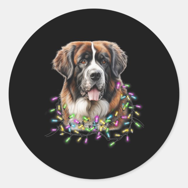 Cute Christmas Lights Saint Bernard Dog  Classic Round Sticker (Front)
