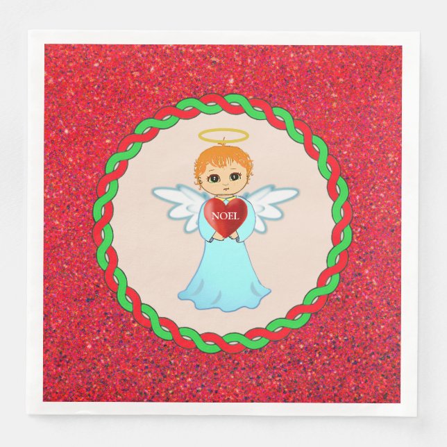 Cute Christmas little angel on beige & red Paper Dinner Napkins (Front)