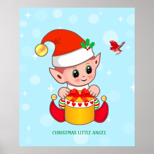 Cute Christmas little elf  red bird Poster
