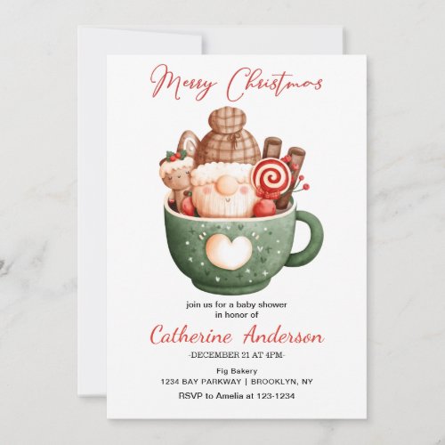 Cute Christmas Little Gnome in a mug Baby Shower   Invitation