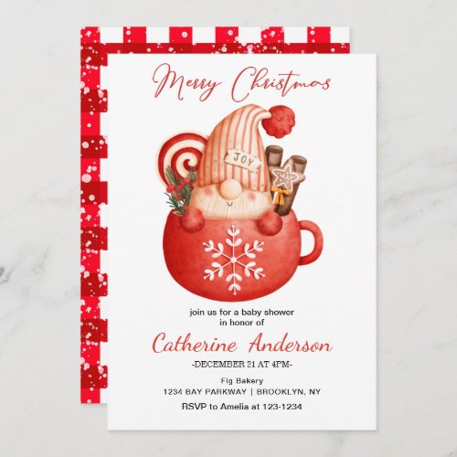 Cute Christmas Little Gnome in a mug Baby Shower   Invitation