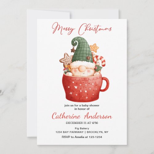 Cute Christmas Little Gnome in a mug Baby Shower   Invitation