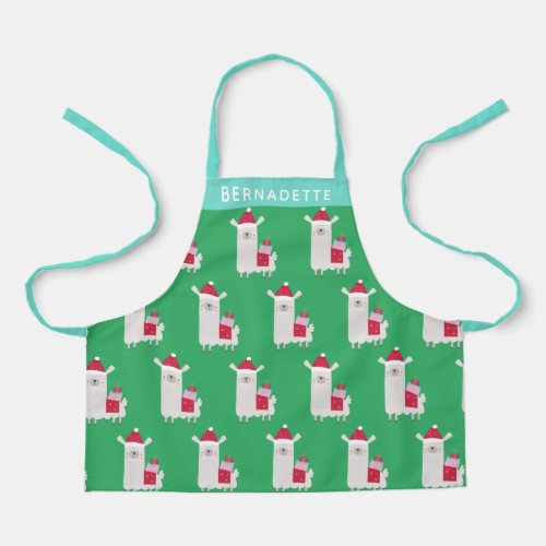 Cute Christmas Llama in Green Personalized Apron