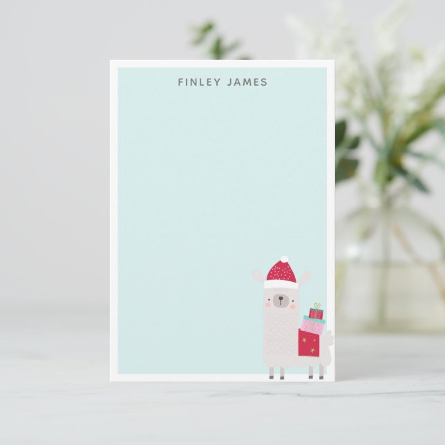 Cute Christmas Llama Pastel Blue Personalized Name Thank You Card (Standing Front)