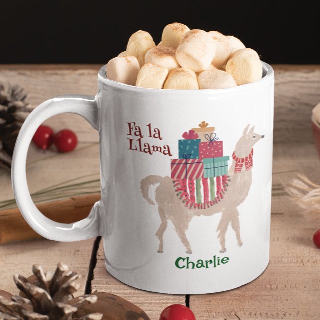 Cute Christmas Llama Personalized Animal Holiday Coffee Mug (Llama lovers of any age would love this mug featuring my own art of a llama playing Santa Claus.)