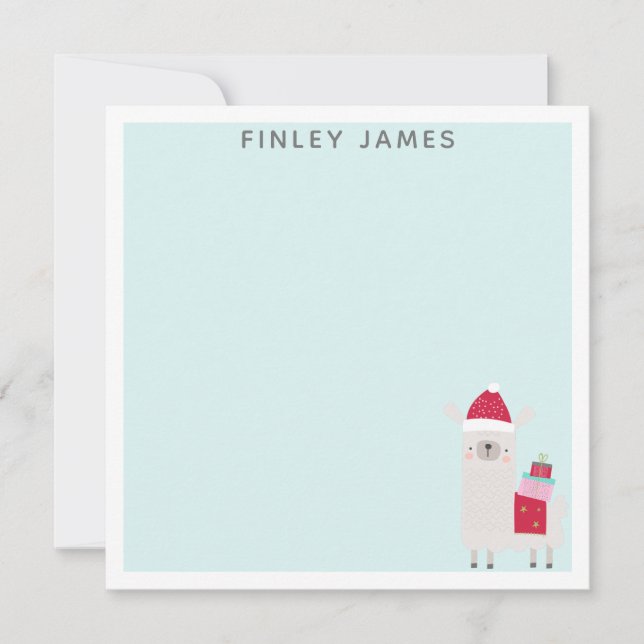 Cute Christmas Llama Teal Mint Personalized Note Card (Front)