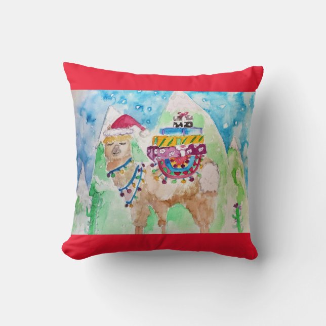Cute Christmas Llama Watercolour Red Decor Cushion (Front)