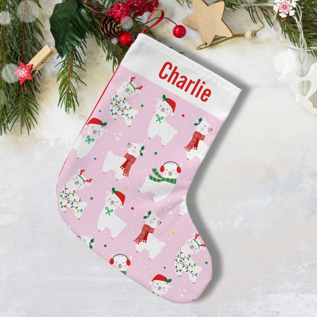 Cute Christmas Llamas on light pink Small Christmas Stocking (Creator Uploaded)