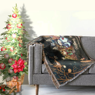 Cute Christmas Magic Black Green Throw Blanket