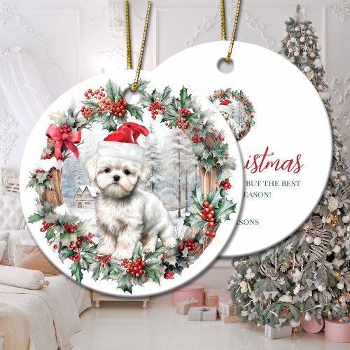 Cute Christmas maltese dog puppy Santa hat Ceramic Ornament