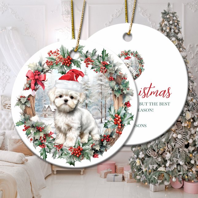 Cute Christmas maltese dog puppy Santa hat Ceramic Ornament (Cute Christmas maltese dog puppy Santa hat Ceramic Ornament)