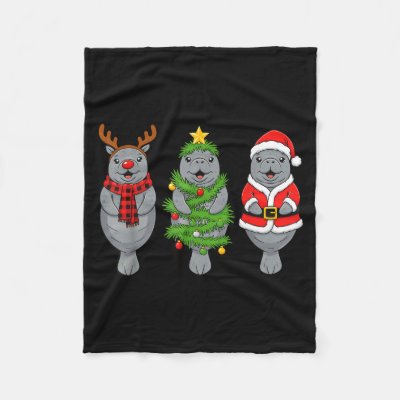 Cute Christmas Manatee Shirt, Holiday Manatee Sant Fleece Blanket