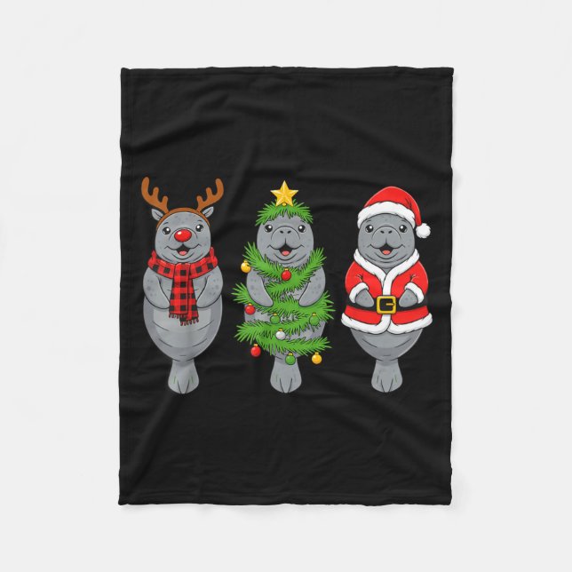 Cute Christmas Manatee Shirt, Holiday Manatee Sant Fleece Blanket (Front)