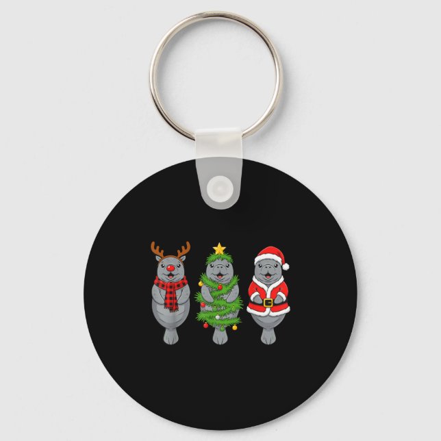 Cute Christmas Manatee Shirt, Holiday Manatee Sant Keychain (Front)