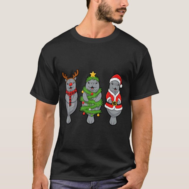 Cute Christmas Manatee Shirt, Holiday Manatee Sant T-Shirt (Front)