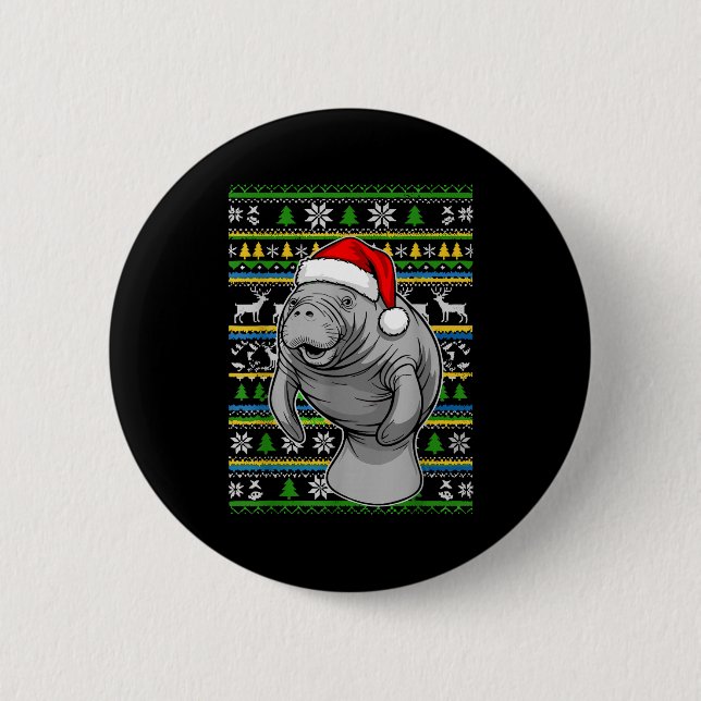 Cute Christmas Manatee Shirt, Manatee Ugly Xmas Sw Button (Front)