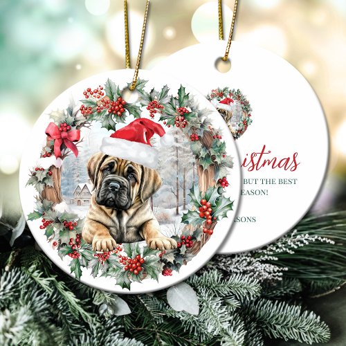 Cute Christmas mastiff dog puppy Santa hat Ceramic Ornament