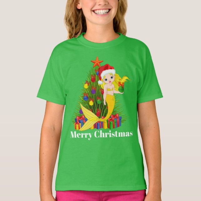 Cute Christmas mermaid add message t-shirt (Front)