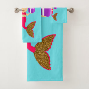Cute Christmas Mermaid Girl Santa Hat in Sea Bath Towel Set